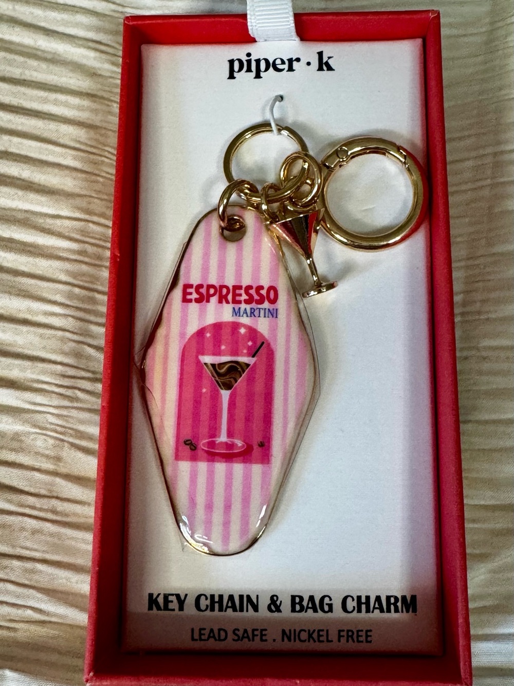 Piper.k Pink Stripe Espresso Martini Key & Bag Charm with Gold Hardware
